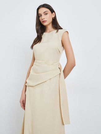Beige Sleeveless Midi Dress with Fold Pleat