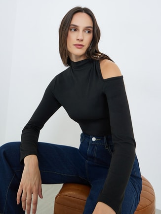 Black Cold Shoulder Long Sleeve Top